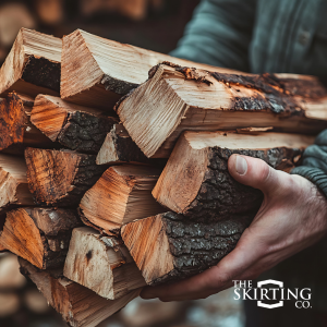 Seasoned firewood is being held in a man's hands.