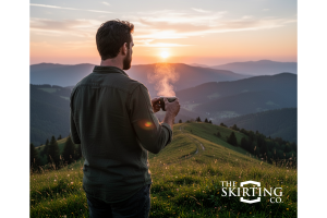 An RVing connoisseur enjoying a gourmet cup of coffee while looking out at a scenic nature landscape from his campsite.