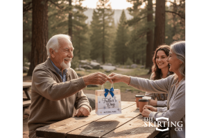 An RVing grandpa happily receiving a Father's Day gift bag from his wife and daughter at a National Park picnic table.