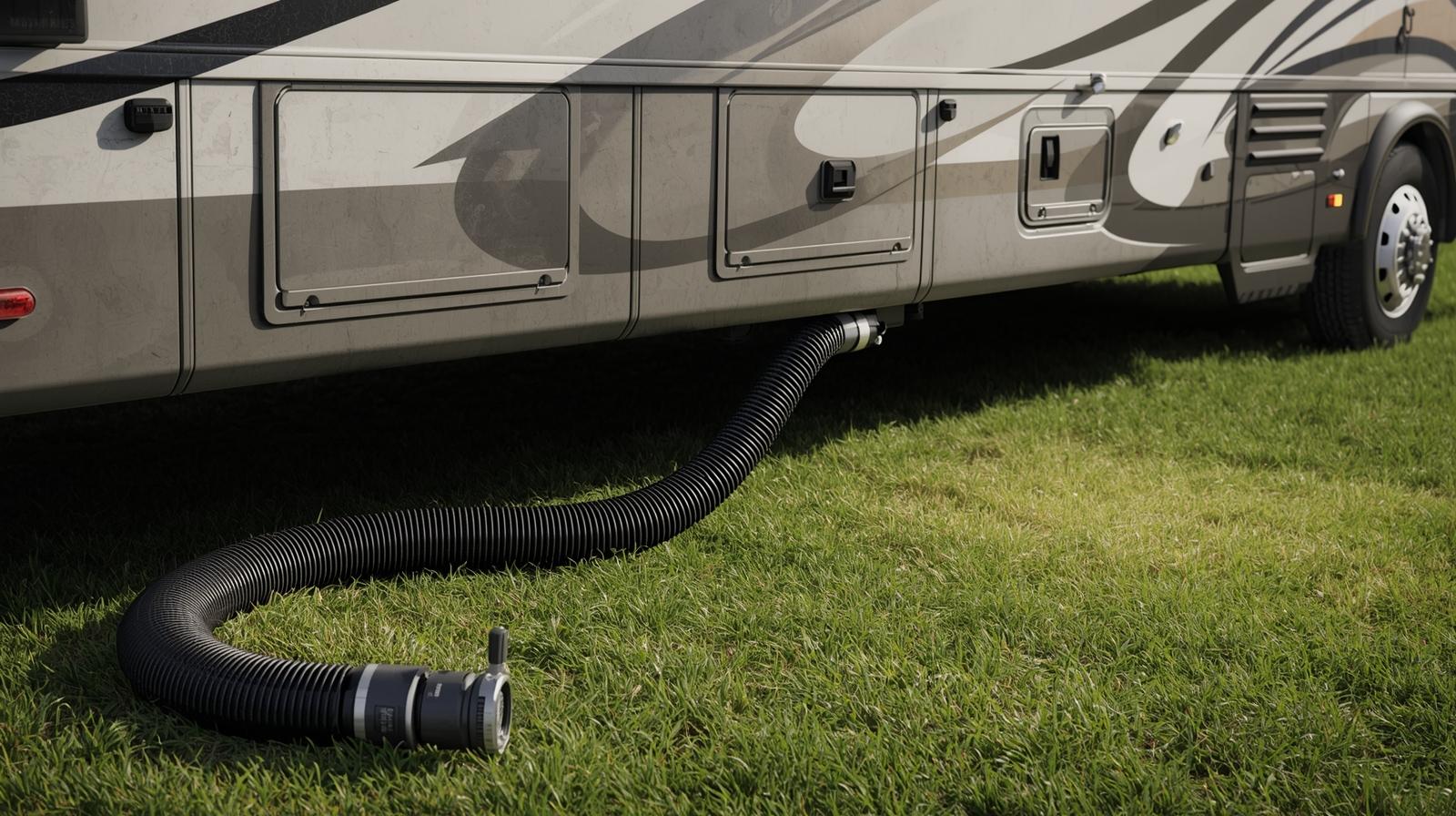 A photorealistic RV parked on a grassy field with a black sewer hose connected to the driver-side black tank outlet, demonstrating a standard campsite septic hookup.