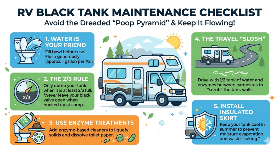 Infographic showing how to avoid the black tank RV poop pyramid, featuring maintenance tips like using more water, enzyme treatments, the 2/3 dumping rule, the travel slosh method, and RV insulated skirting.